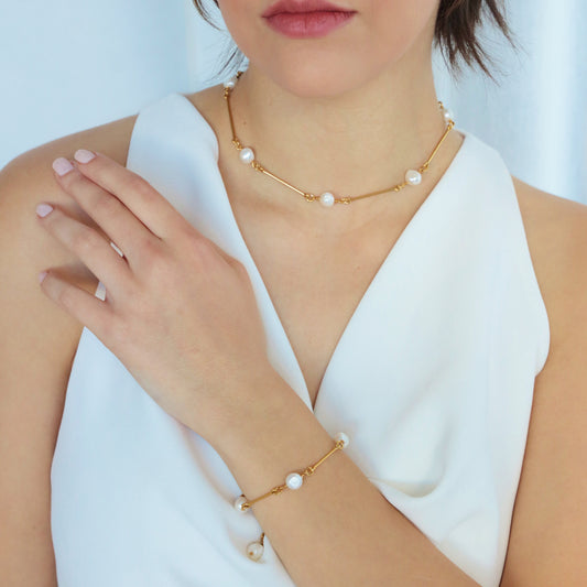 ORBIANA BRACELET MADE OF GOLD PLATED BARS AND FRESHWATER NUGGET PEARLS