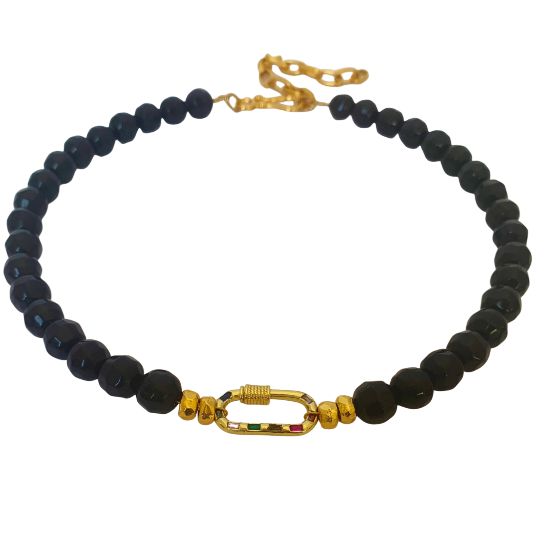 ORNOS NECKLACE IN BLACK AUSTRIAN CRYSTALSWITH CARABINER CLASP WITH PAVE COLOURED ZIRCON