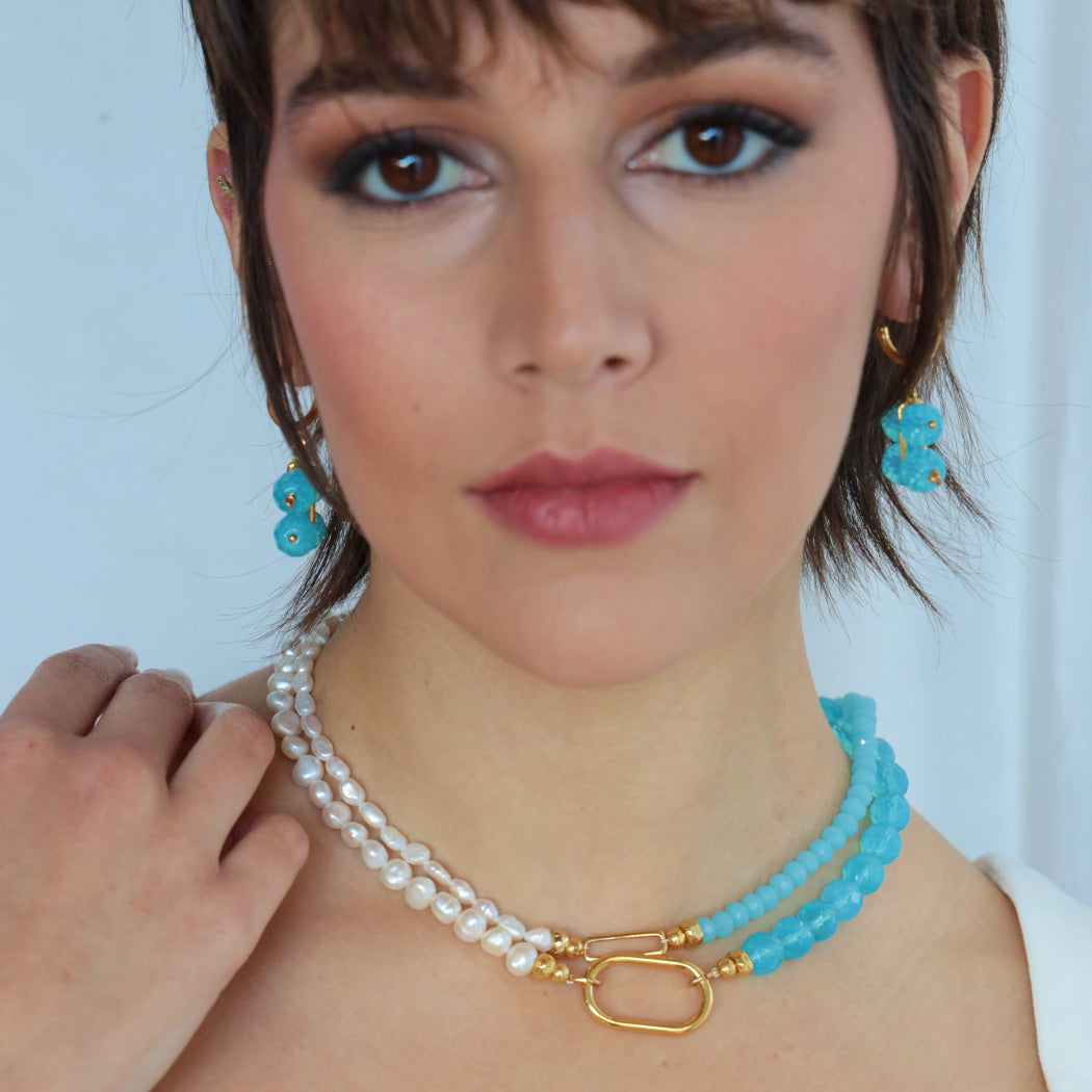 PANORMOS HOOP EARRINGS WITH TURQUOISE OPAQUE AUSTRIAN CRYSTALS