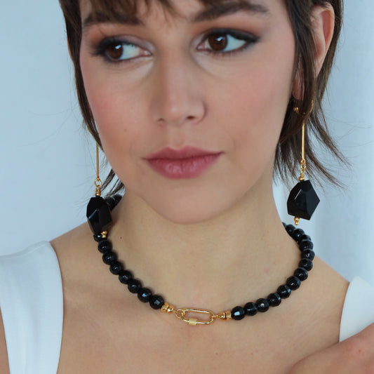 PANORMOS LONG EARRINGS WITH AUSTRIAN CRYSTAL DROP IN BLACK