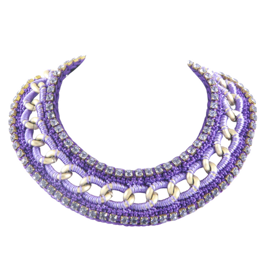 PERSEPHONE BIB NECKLACE IN LILAC AND PURPLE SILK THREAD AND LILAC SWAROVSKI CRYSTAL CUP CHAIN DETAIL
