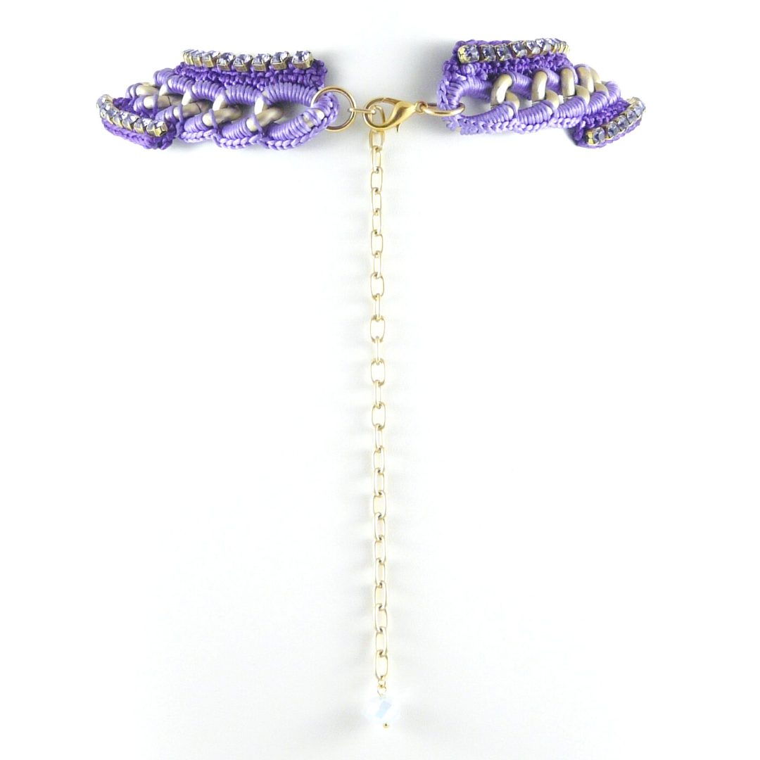 PERSEPHONE BIB NECKLACE IN LILAC AND PURPLE SILK THREAD AND LILAC SWAROVSKI CRYSTAL CUP CHAIN DETAIL