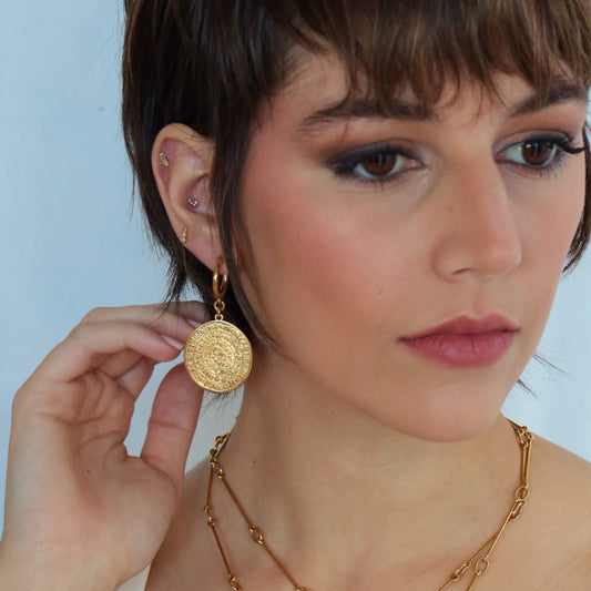 PHAISTOS 24K GOLD PLATED HOOP EARRINGS WITH LARGE PHAISTOS DISC