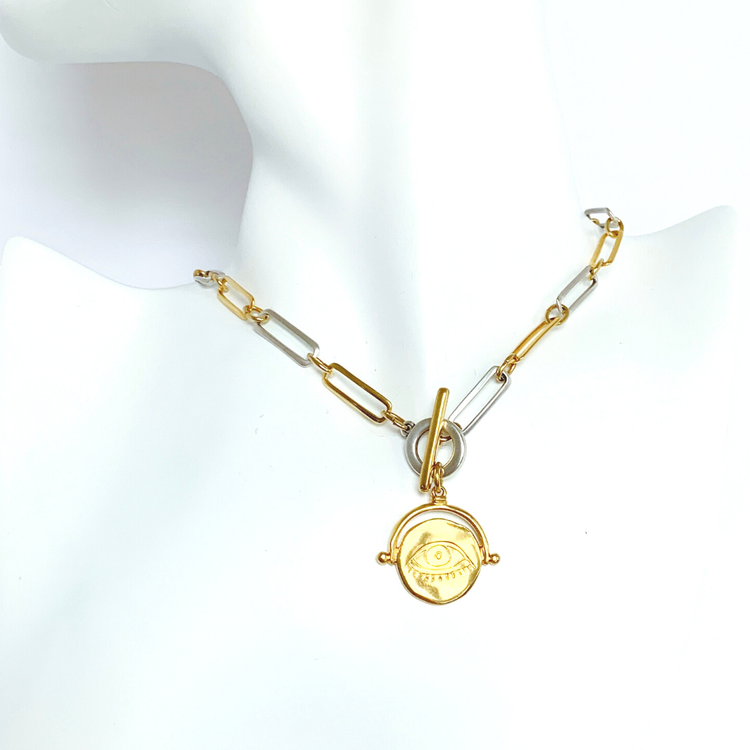 PHOEBE 24K GOLD AND 999 SILVER PLATED HAND CRAFTED PAPERCLIP CHAIN NECKLACE WITH ROUND EYE PENDANT