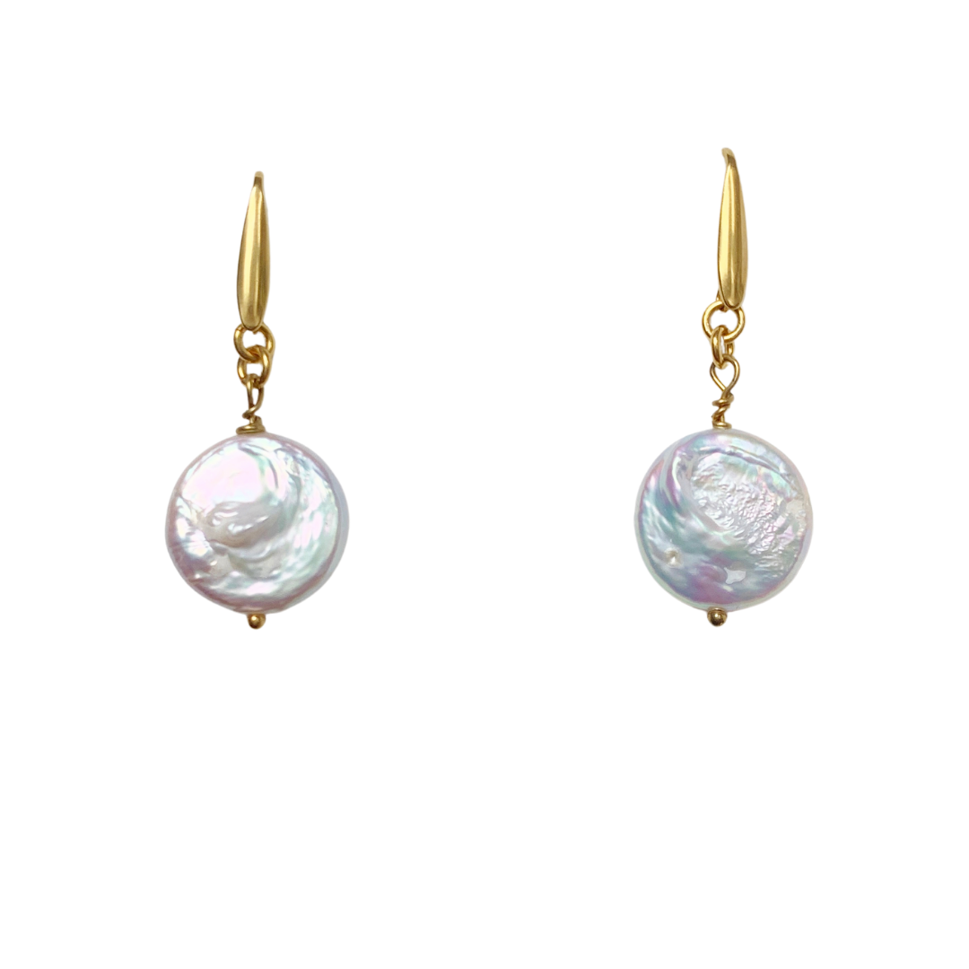 POSEIDON SHORT FRESHWATER COIN PEARL EARRINGS