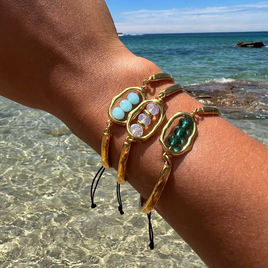 ROXANNE CUFF BRACELETS WITH AUSTRIAN CRYSTALS IN TURQUOISE OPAQUE, WHITE OPAQUE, EMERALD GREEN