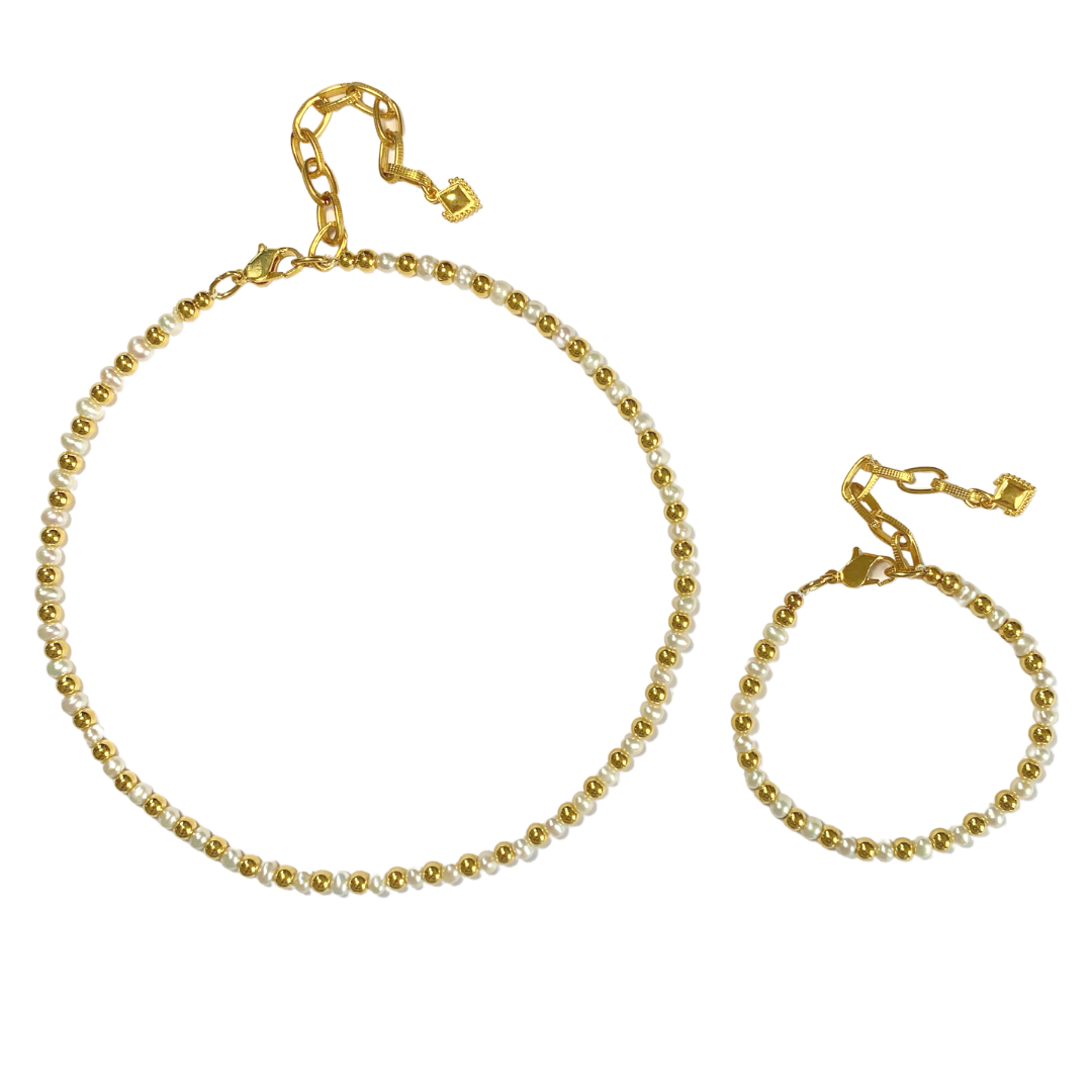 SABINA BRACELET AND NECKLACE WITH FRESHWATER NUGGET PEARLS AND GOLD PLATED RONDELLE BEADS