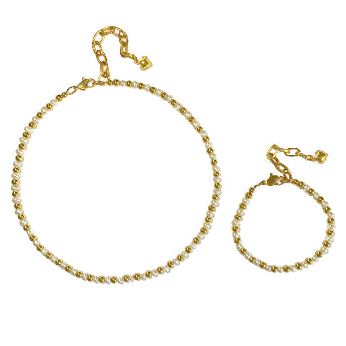 SABINA NECKLACE AND BRACELET WITH FRESHWATER NUGGET PEARLS AND GOLD PLATED RONDELLE BEADS