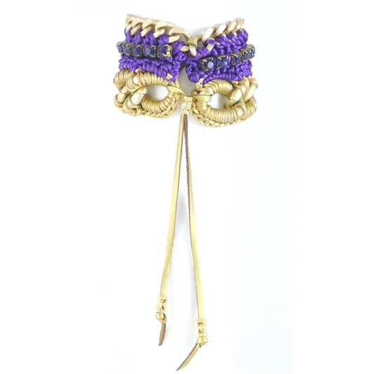 SELENE CUFF BRACELET IN GOLD AND PURPLE SILK THREAD AND PURPLE SWAROVSKI CRYSTAL CUP CHAIN DETAIL AND 24K GOLD PLATED CHAIN DETAIL