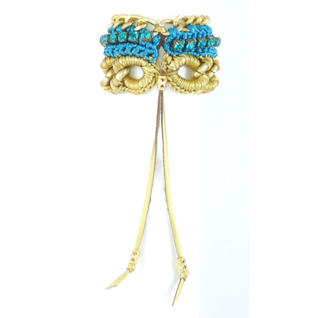 SELENE CUFF BRACELET IN GOLD AND TEAL SILK THREAD AND TEAL SWAROVSKI CRYSTAL CUP CHAIN DETAIL AND 24K GOLD PLATED CHAIN DETAIL