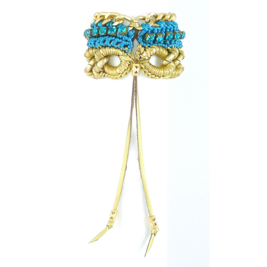 SELENE CUFF BRACELET IN GOLD AND TEAL SILK THREAD AND TEAL SWAROVSKI CRYSTAL CUP CHAIN DETAIL AND 24K GOLD PLATED CHAIN DETAIL