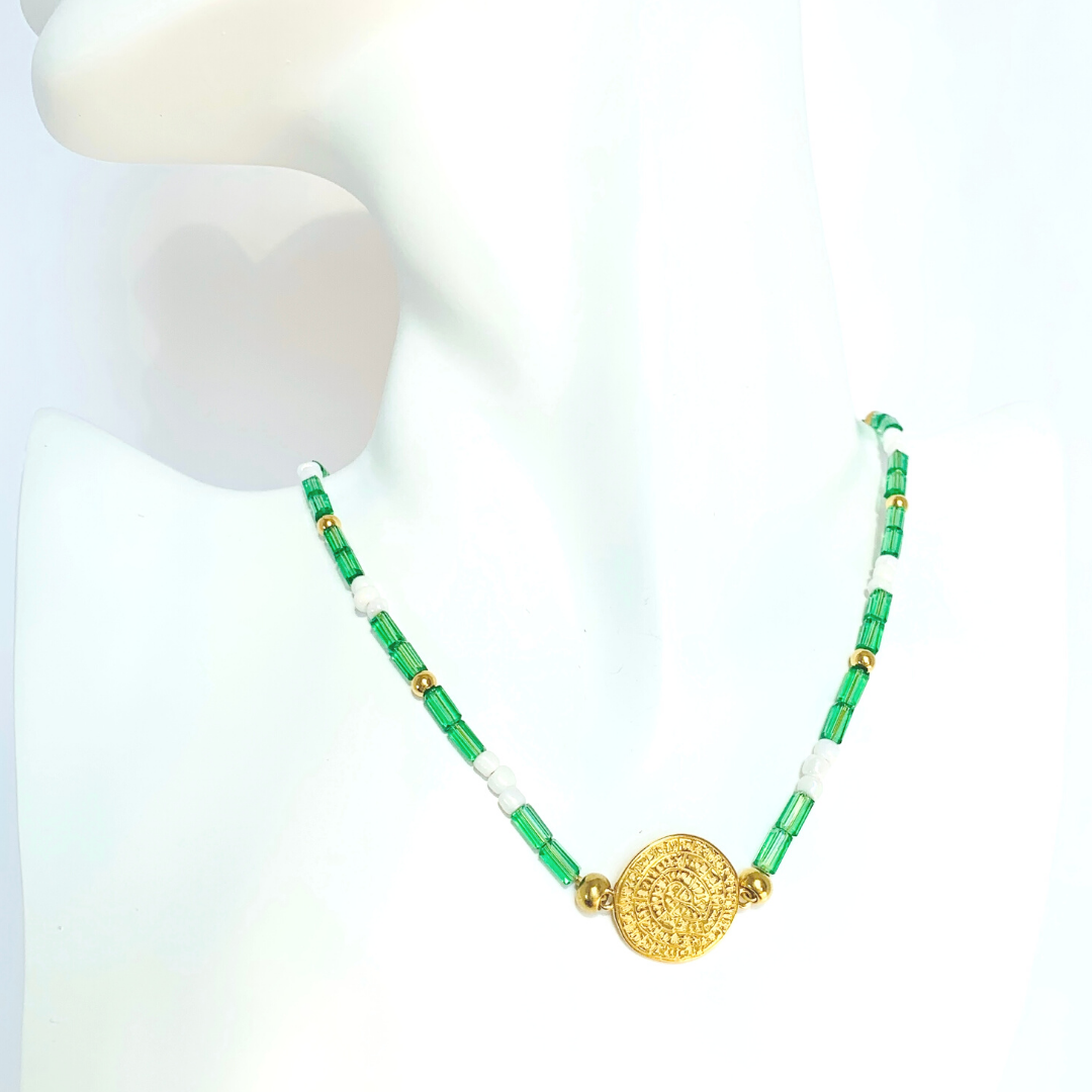 SIFNO NECKLACE EMERALD GREEN AUSTRIAN CRYSTALS AND WHITE MYUKI ROCAILLE SEED BEADS WITH A 24K GOLD PLATED PHAISTOS DISC