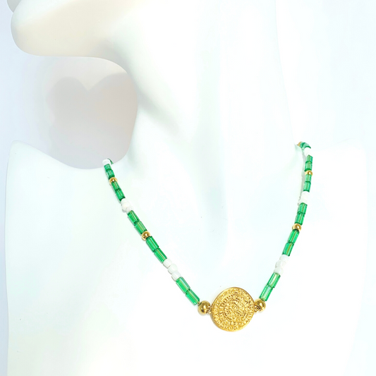 SIFNO NECKLACE EMERALD GREEN AUSTRIAN CRYSTALS AND WHITE MYUKI ROCAILLE SEED BEADS WITH A 24K GOLD PLATED PHAISTOS DISC