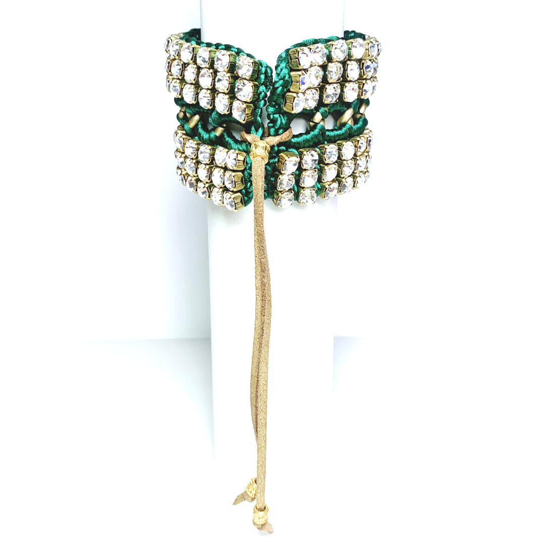 SIREN CUFF BRACELET IN EMERALD SILK THREAD AND CLEAR SWAROVSKI CRYSTAL CUP CHAIN DETAIL