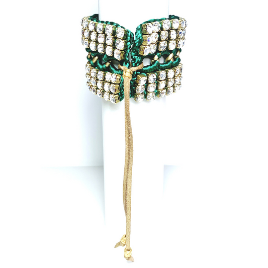 SIREN CUFF BRACELET IN EMERALD SILK THREAD AND CLEAR SWAROVSKI CRYSTAL CUP CHAIN DETAIL