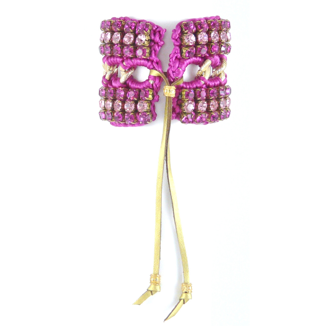 SIREN CUFF BRACELET IN FUCHSIA SILK THREAD AND FUCHSIA AND PINK SWAROVSKI CRYSTAL CUP CHAIN DETAIL