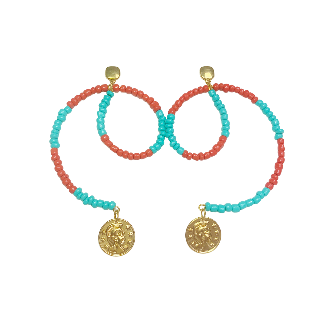 SWIRL HOOP EARRINGS IN CORAL/TURQUOISE