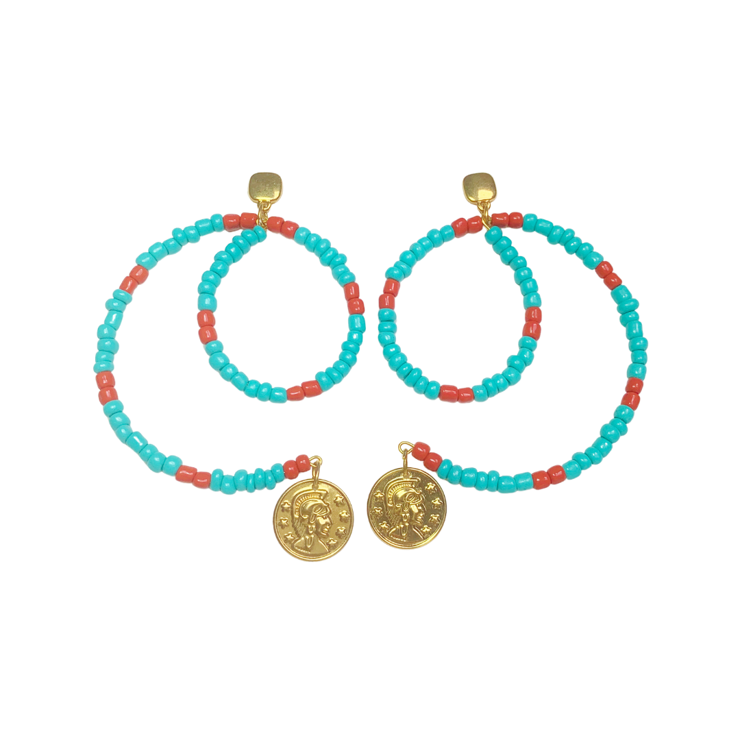 SWIRL HOOP EARRINGS IN TURQUOISE/CORAL
