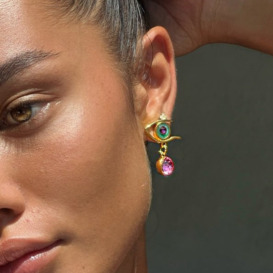TAMARA EYE EARRINGS IN PINK/GREEN