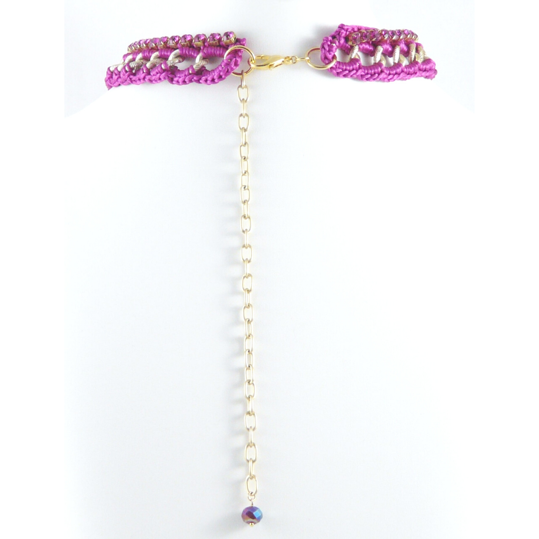 THESIS BIB NECKLACE IN FUCHSIA SILK THREAD WITH FUCHSIA SWAROVSKI CRYSTAL CUP CHAIN DETAIL