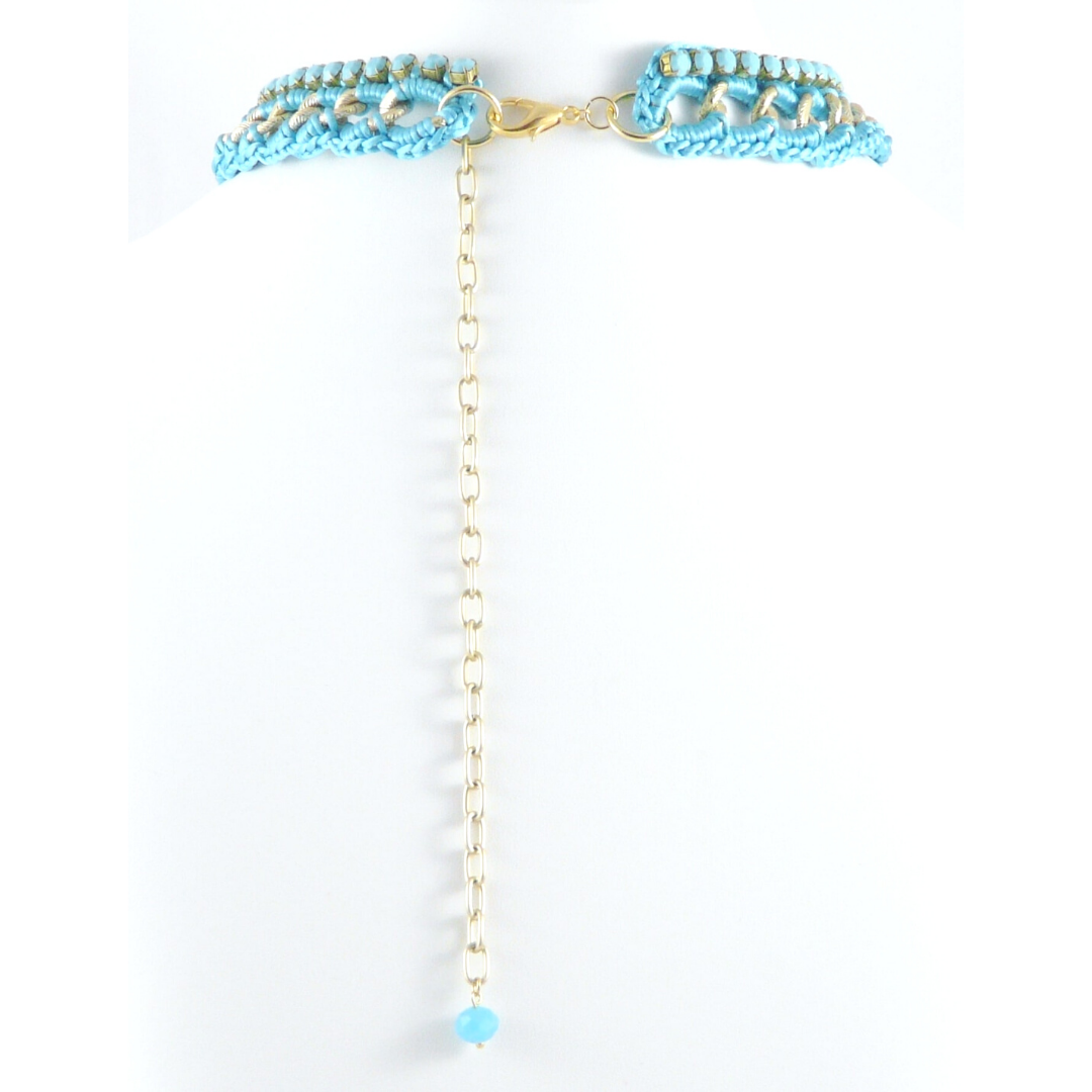 THESIS BIB NECKLACE IN TURQUOISE SILK THREAD WITH OPAQUE TURQUOISE SWAROVSKI CRYSTAL CUP CHAIN DETAIL