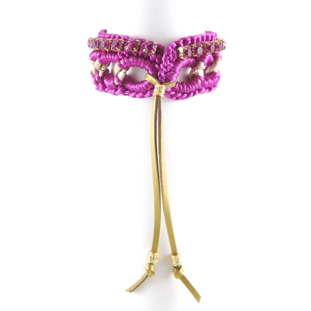 THESIS CUFF BRACELET IN FUCSHIA SILK THREAD AND FUCHSIA SWAROVSKI CRYSTAL CUP CHAIN DETAIL