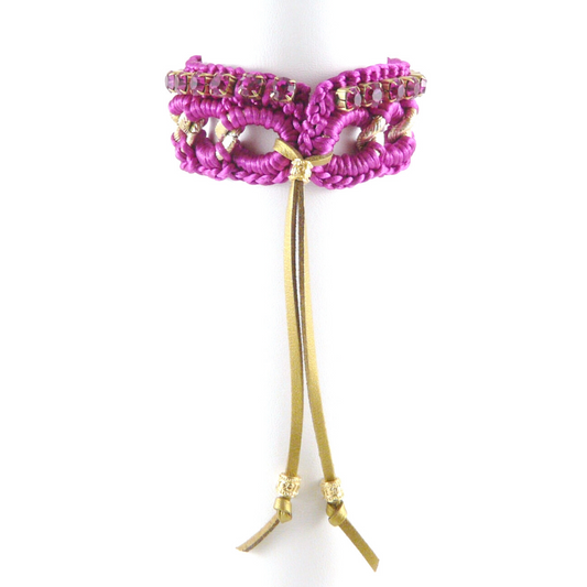 THESIS CUFF BRACELET IN FUCSHIA SILK THREAD AND FUCHSIA SWAROVSKI CRYSTAL CUP CHAIN DETAIL