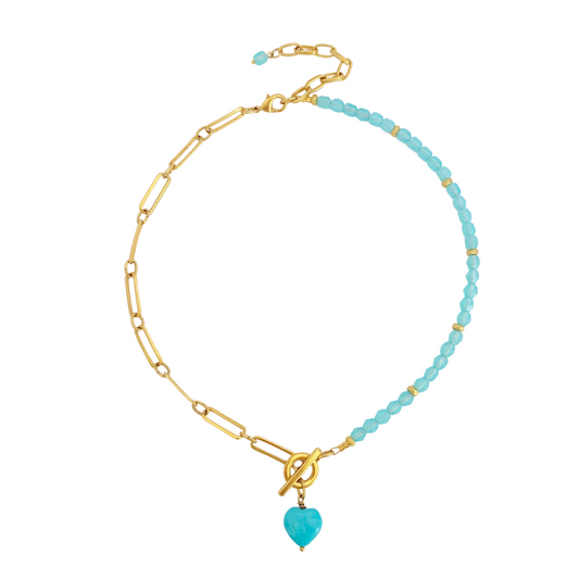 YANG HALF NECKLACE WITH TURQUOISE CRYSTALS AND TURQUOISE HOWLITE HEART