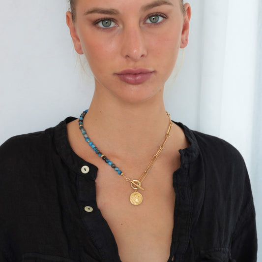 YIN YANG NECKLACE HALF 24K GOLD PLATED PAPERCLIP CHAIN AND HALF BLUE AGATE SEMI-PRECIOUS BEADS