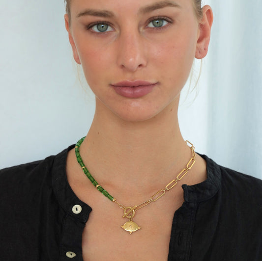 YIN YANG NECKLACE HALF 24K GOLD PLATED PAPERCLIP CHAIN AND HALF EMERALD AUSTRIAN CRYSTALS