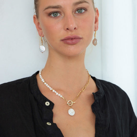 YIN YANG NECKLACE HALF 24K GOLD PLATED PAPERCLIP CHAIN AND HALF FRESHWATER PEARLS