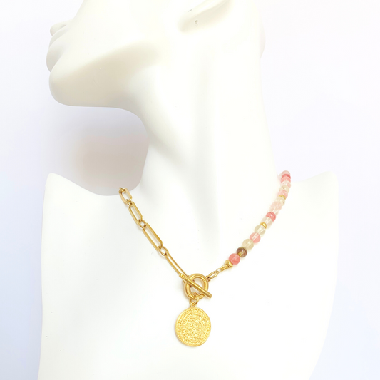 YIN YANG NECKLACE WITH HALF HALF PAPERCLIP CHAIN AND PINK AGATE BEADS AND ROUND PHAISTOS DISC