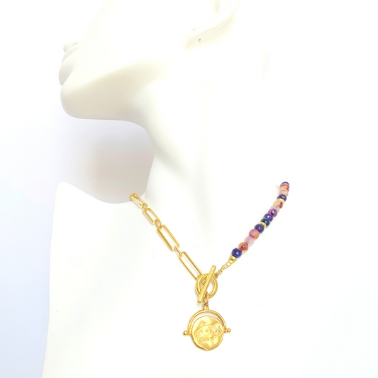 YIN YANG NECKLACE WITH HALF HALF PAPERCLIP CHAIN AND PURPLE AMETHYST BEADS AND ROUND EYE MOTIF DROP