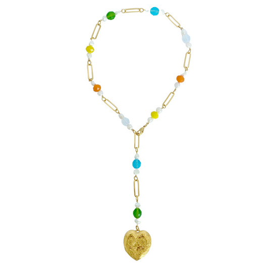 ALEMAGOU NECKLACE WITH 24K GOLD PLATED CHAIN LINKS AND AUSTRIAN CRYSTALS AND FRESH WATER PEARLS WITH 24K GOLD PLATED HEART PENDANT