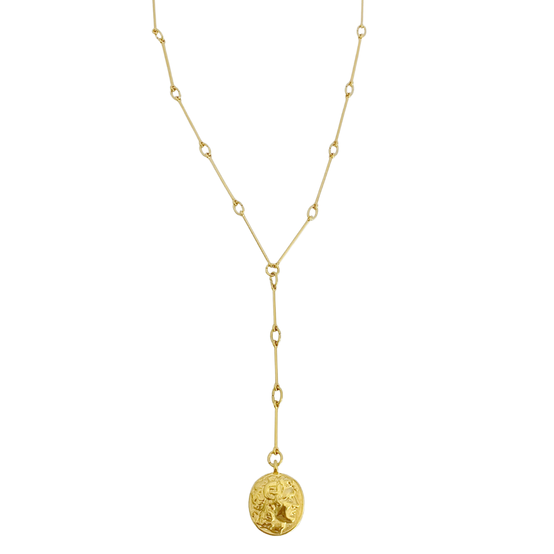 ALEXANDRA 24K GOLD PLATED HAND CRAFTED BAR LINK CHAIN LARIAT NECKLACE WITH ROUND ALEXANDER THE GREAT DISC