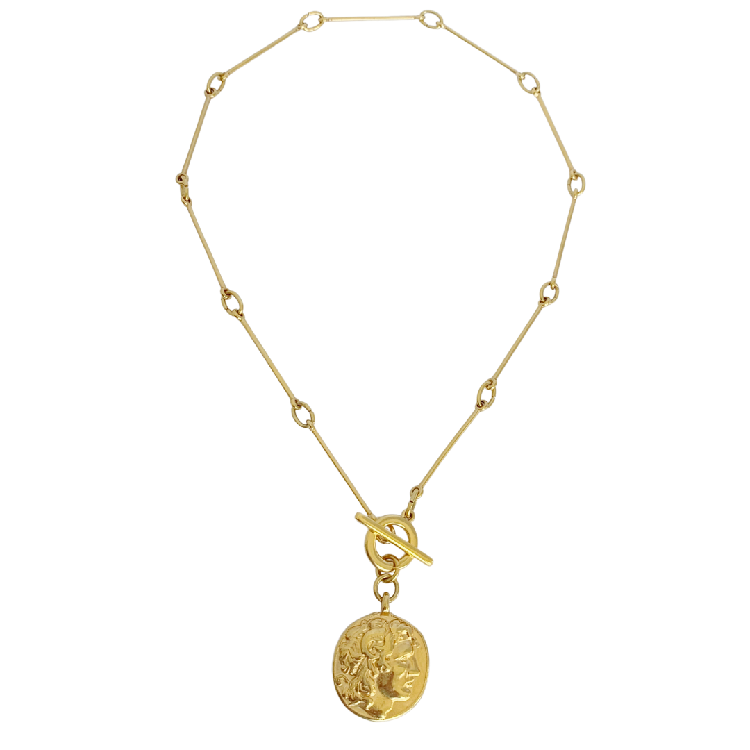 ALEXANDRA 24K GOLD PLATED HAND CRAFTED BAR LINK CHAIN NECKLACE WITH ALEXANDER THE GREAT ANCIENT GREEK COIN PENDANT
