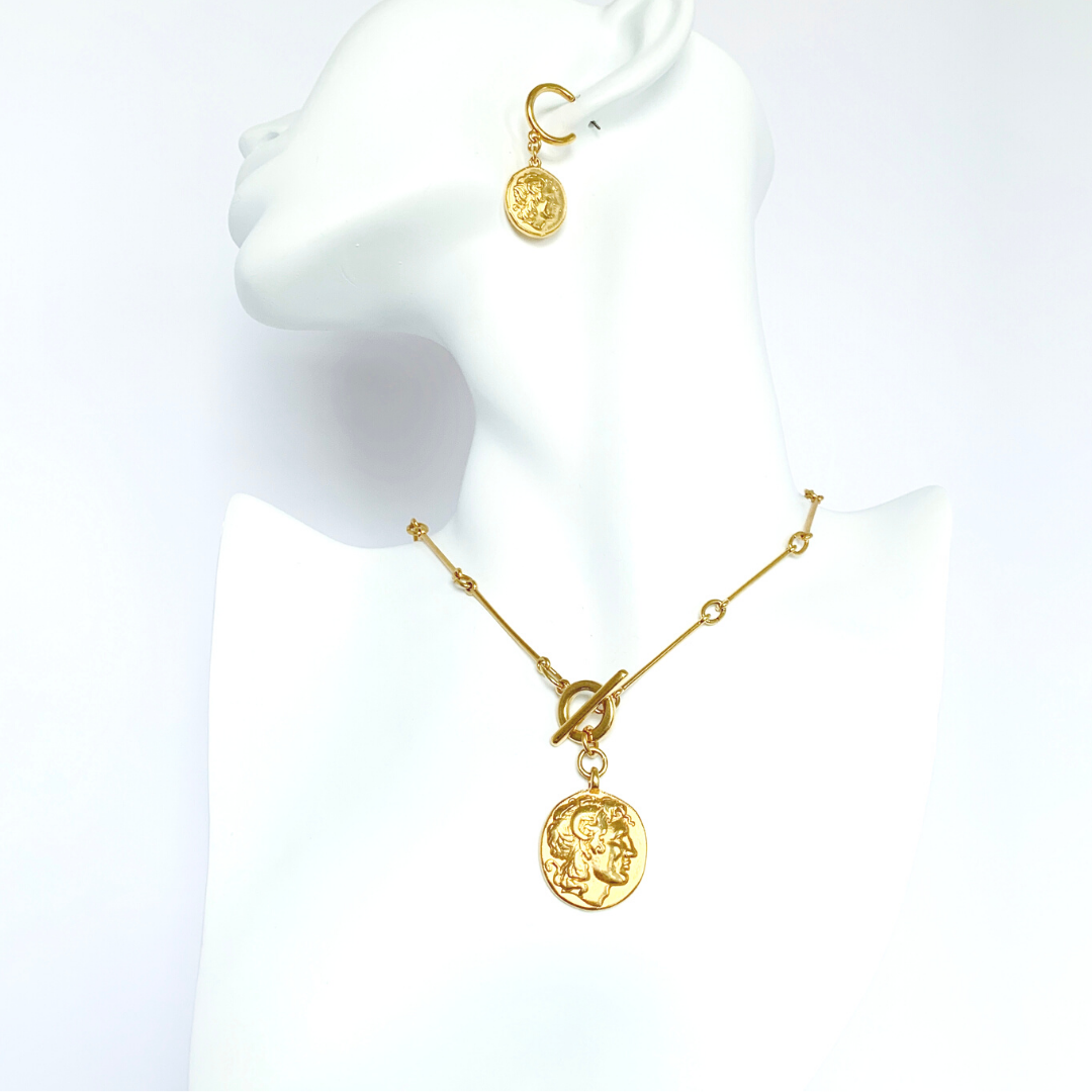 ALEXANDRA 24K GOLD PLATED HAND CRAFTED BAR LINK CHAIN NECKLACE AND HOOP EARRINGS WITH ALEXANDER THE GREAT ANCIENT GREEK COIN PENDANT