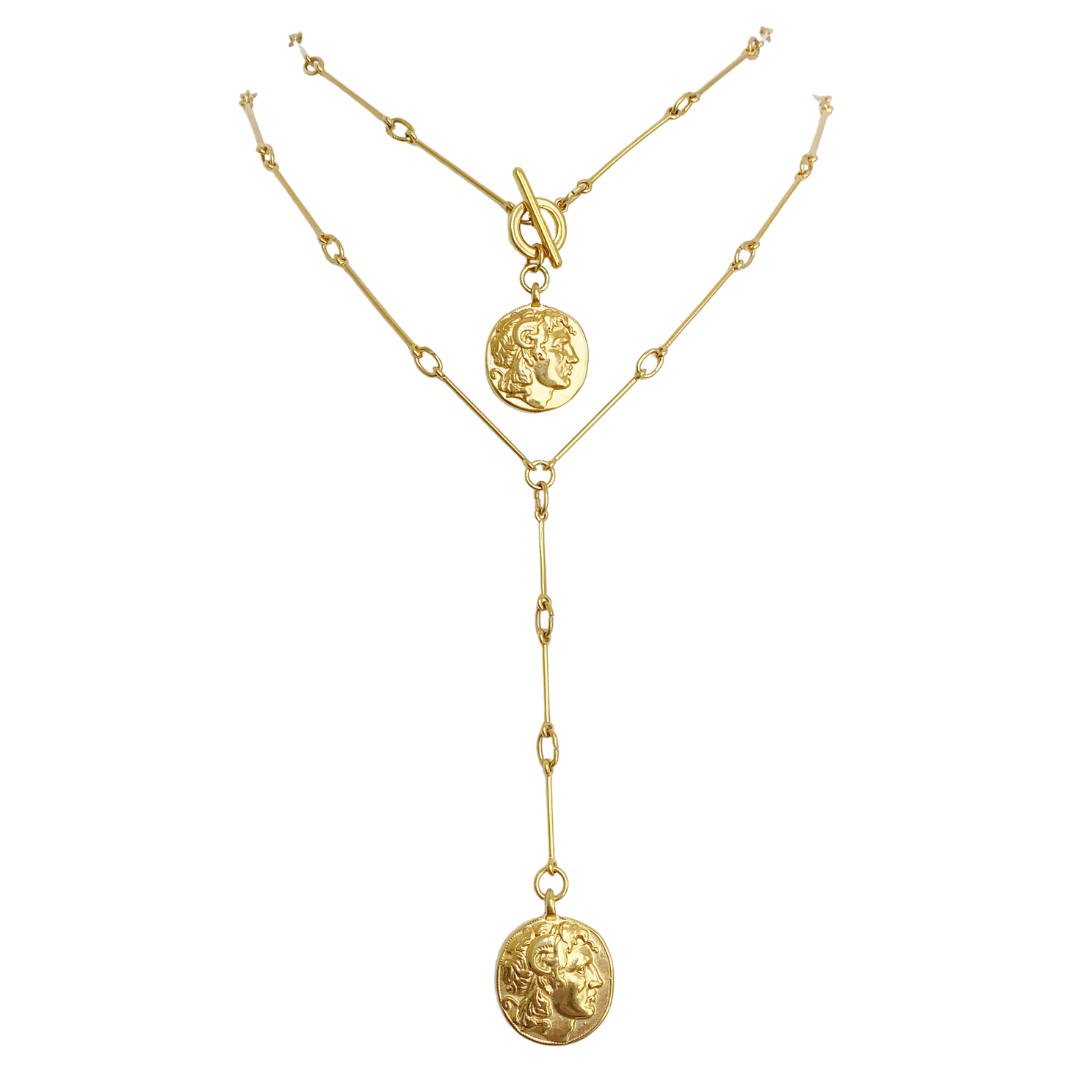 ALEXANDRA 24K GOLD PLATED HAND CRAFTED BAR LINK CHAIN NECKLACE AND LARIAT NECKLACE WITH ALEXANDER THE GREAT ANCIENT GREEK COIN PENDANT