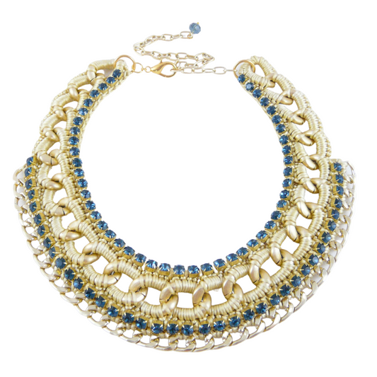 ARIADNE BIB NECKLACE IN BEIGE GOLD SILK THREAD AND NAVY SWAROVSKI CRYSTAL CUP CHAIN AND 24K GOLD PLATED CHAIN DETAIL