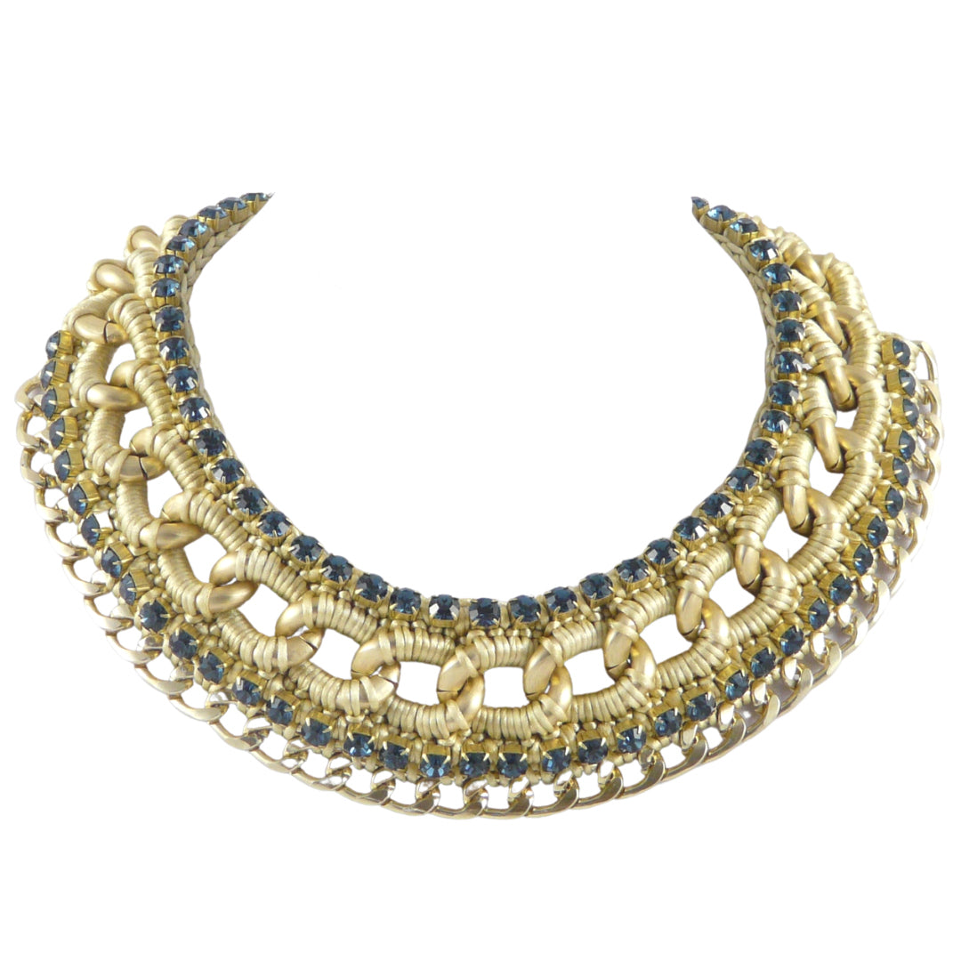 ARIADNE BIB NECKLACE IN BEIGE GOLD SILK THREAD AND NAVY SWAROVSKI CRYSTAL CUP CHAIN AND 24K GOLD PLATED CHAIN DETAIL