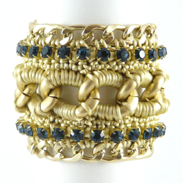 ARIADNE CUFF BRACELET IN BEIGE GOLD SILK THREAD AND NAVY SWAROVSKI CRYSTAL CUP CHAIN AND 24K GOLD PLATED CHAIN DETAIL