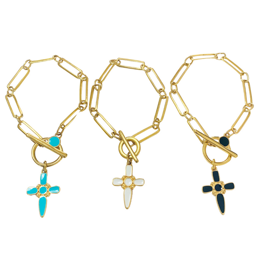 ARTEMIS BRACELETS 24K GOLD PLATED PAPERCLIP CHAIN AND ENAMEL CROSS PENDANT IN TURQUOISE OR WHITE OR BLACK