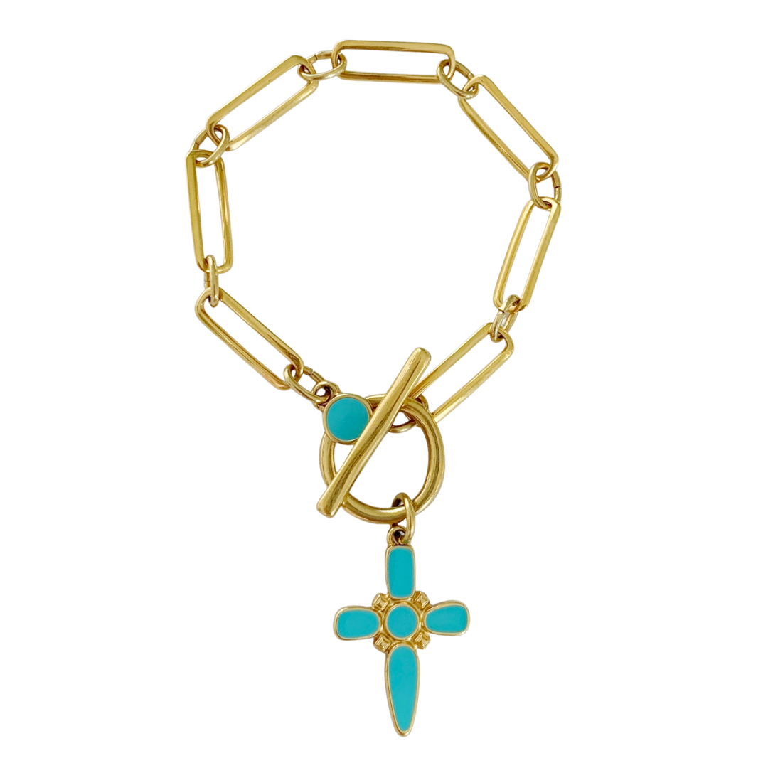 ARTEMIS BRACELETS 24K GOLD PLATED PAPERCLIP CHAIN AND ENAMEL CROSS PENDANT IN TURQUOISE
