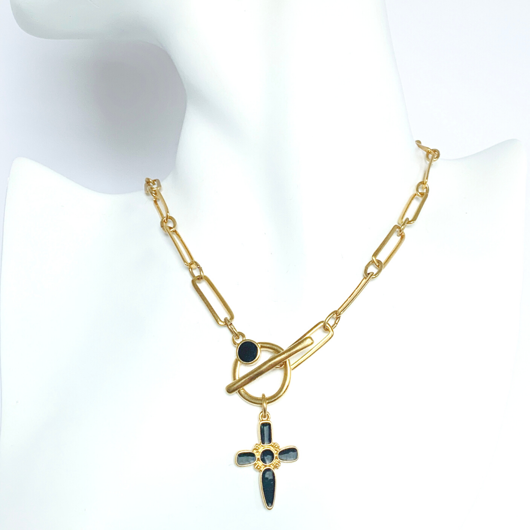 ARTEMIS NECKLACE IN 24K HAND CRAFTED PAPERCLIP CHAIN WITH ENAMEL CROSS IN BLACK