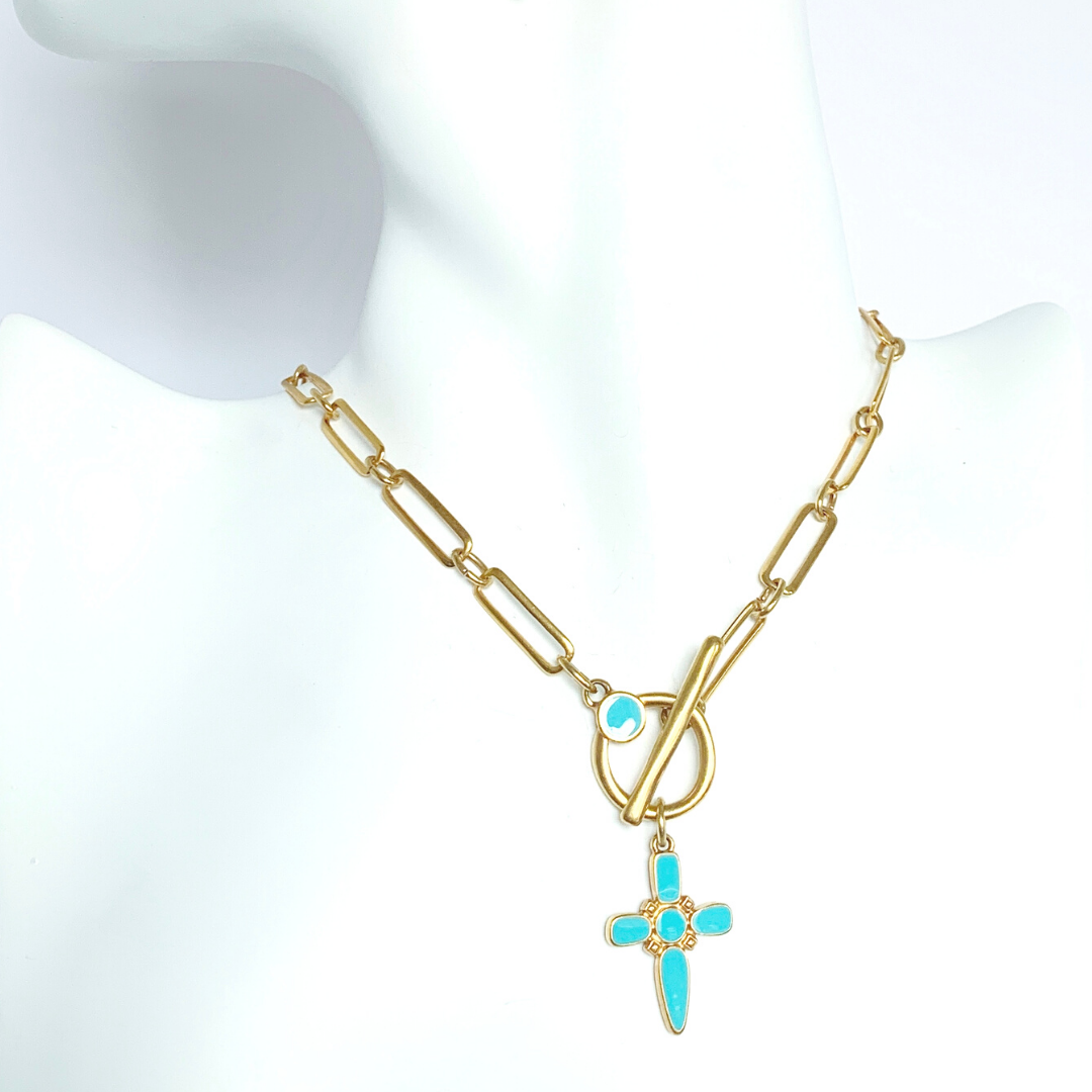 ARTEMIS NECKLACE IN 24K HAND CRAFTED PAPERCLIP CHAIN WITH ENAMEL CROSS IN TURQUOISE