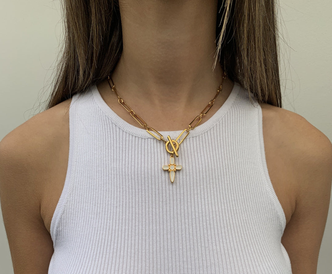 ARTEMIS NECKLACE IN 24K GOLD PLATED HAND CRAFTED PAPERCLIP CHAIN WITH WHITE ENAMEL CROSS