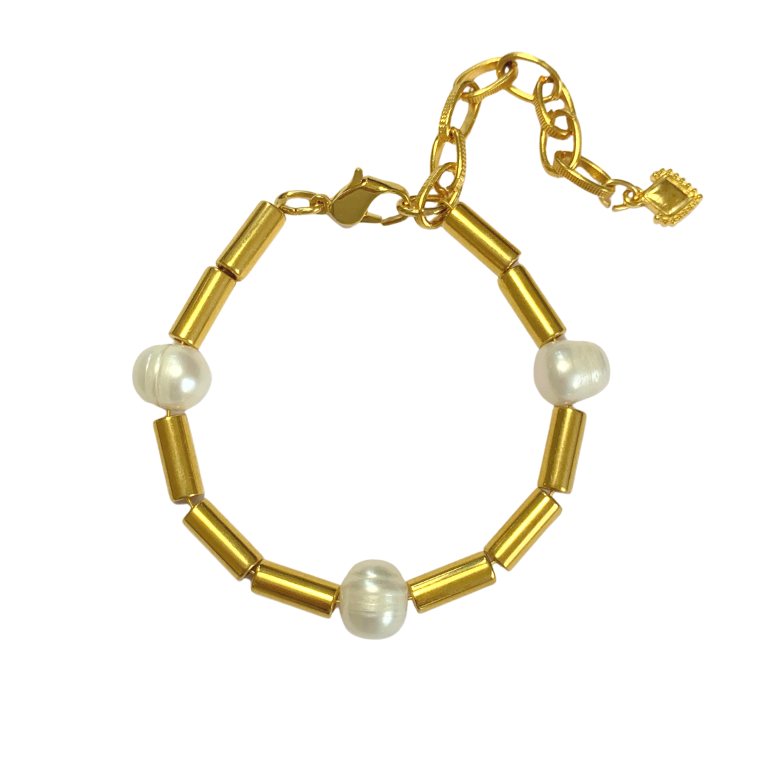 ATHENAIS BRACELET WITH GOLD TUBE BEADS AND FRESHWATER NUGGET PEARLS