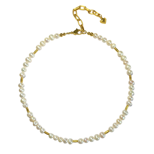 AURELIA FRESHWATER PEARL NECKLACE WITH SMALL 24K GOLD PLATED TUBE BEADS