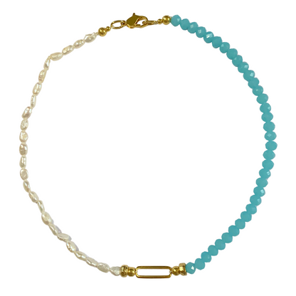 BABY PANORMOS NECKLACE WITH FRESHWATER PEARLS AND TURQUOISE AUSTRIAN CRYSTALS