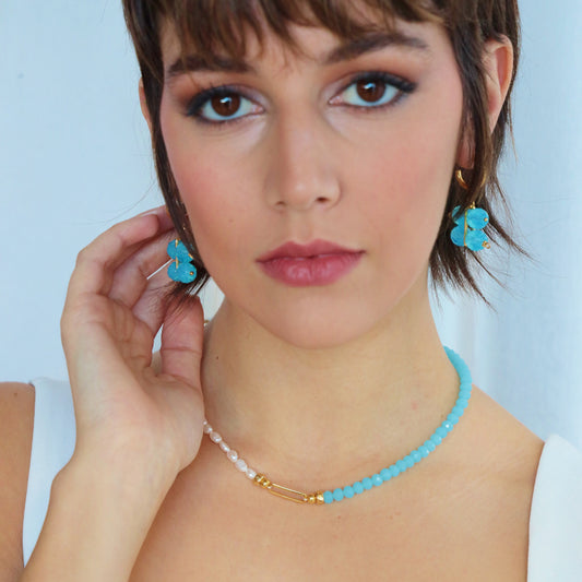 BABY PANORMOS NECKLACE WITH FRESHWATER PEARLS AND TURQUOISE AUSTRIAN CRYSTALS